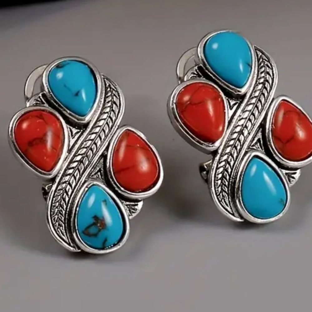 Vibrant Red & Blue Droplet Turquoise Stud Earrings